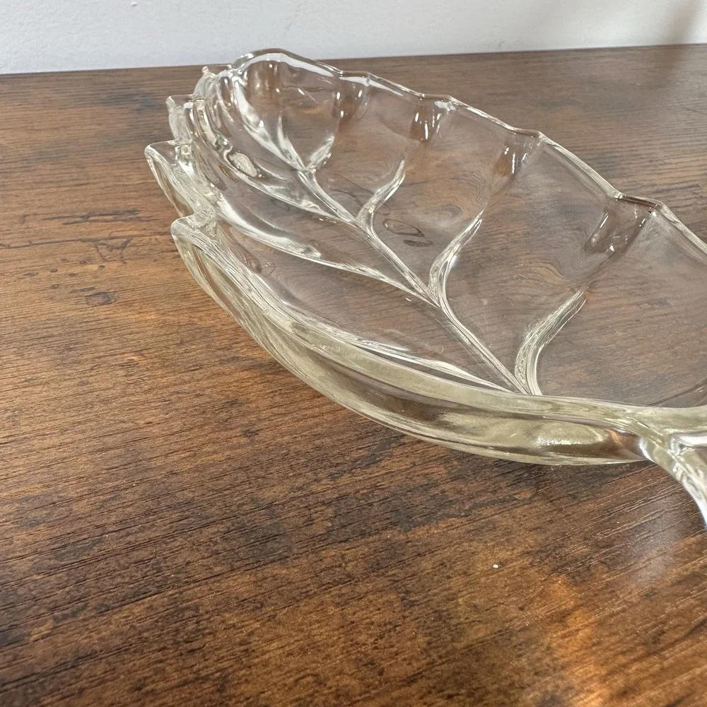 Vintage Clear Glass Leaf Shaped Relish Tray‎ Nut Trinket Dish 9.75